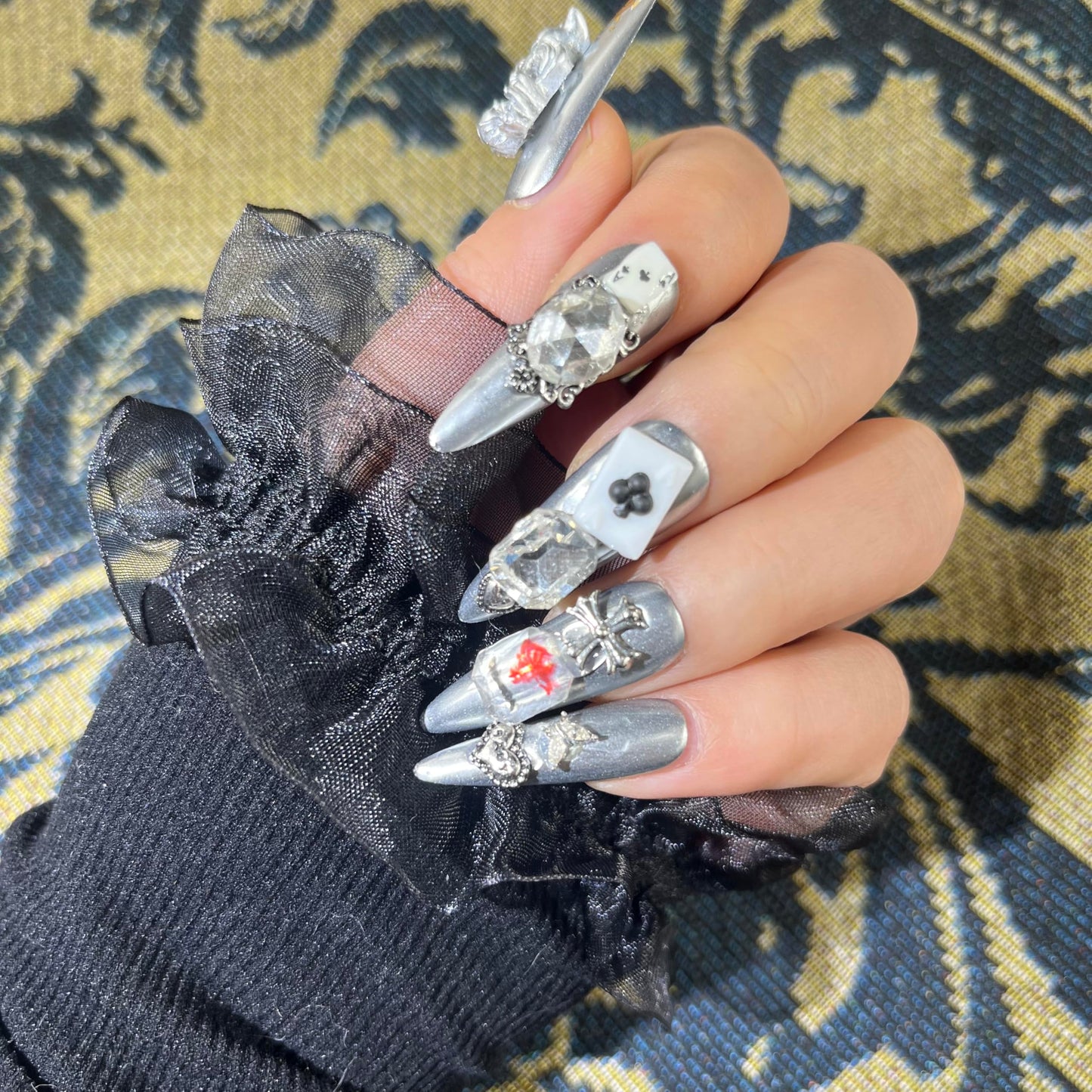 Mystery Box Random 4Pack(40Pcs) Handmade Nails Manual Press on Nails Poker Playing Pard Nails Manicure Charms Nails Art Nail Kit for Women Party Holiday Photo Wedding 30mm Long Size M