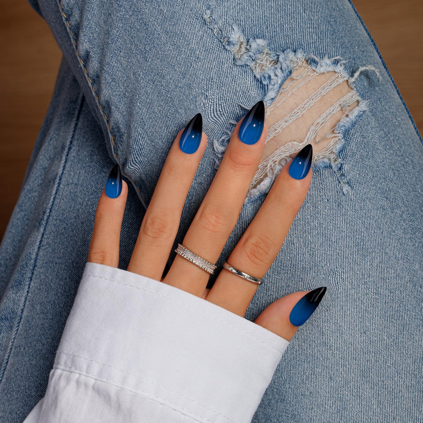 KQueenest French Press on Nails Short Almond - 30 Pcs Ombre Fake Nails Press on, Blue Black Acrylic Nails Glue on, Reusable Salon Quality Stick on Nails for Women Goth Punk Decoration