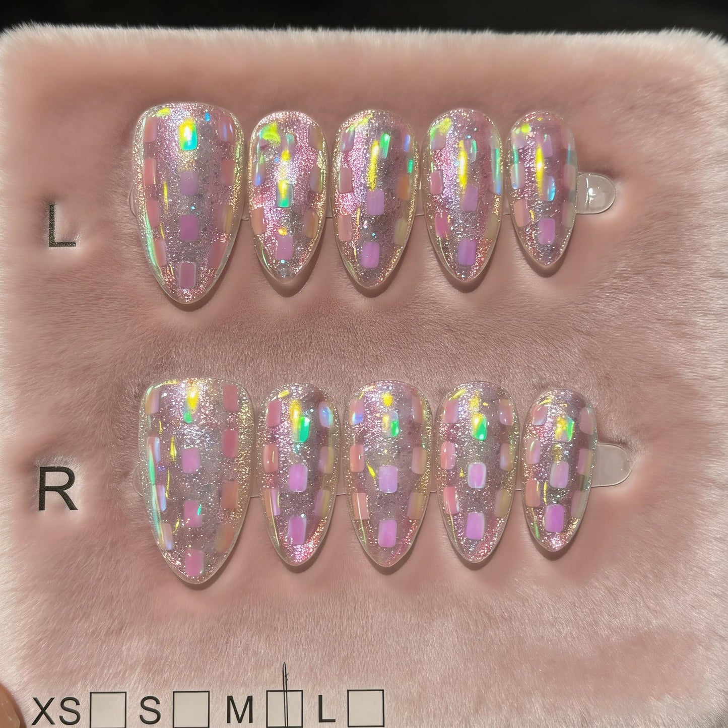 Handmade Press On Nails, Almond Shape Pink Glitter Holographic Checkerboard Fake Nails, Reusable False Nails with Gel Tabs for Women Girls, DIY Manicure for Party Daily Wear M Size