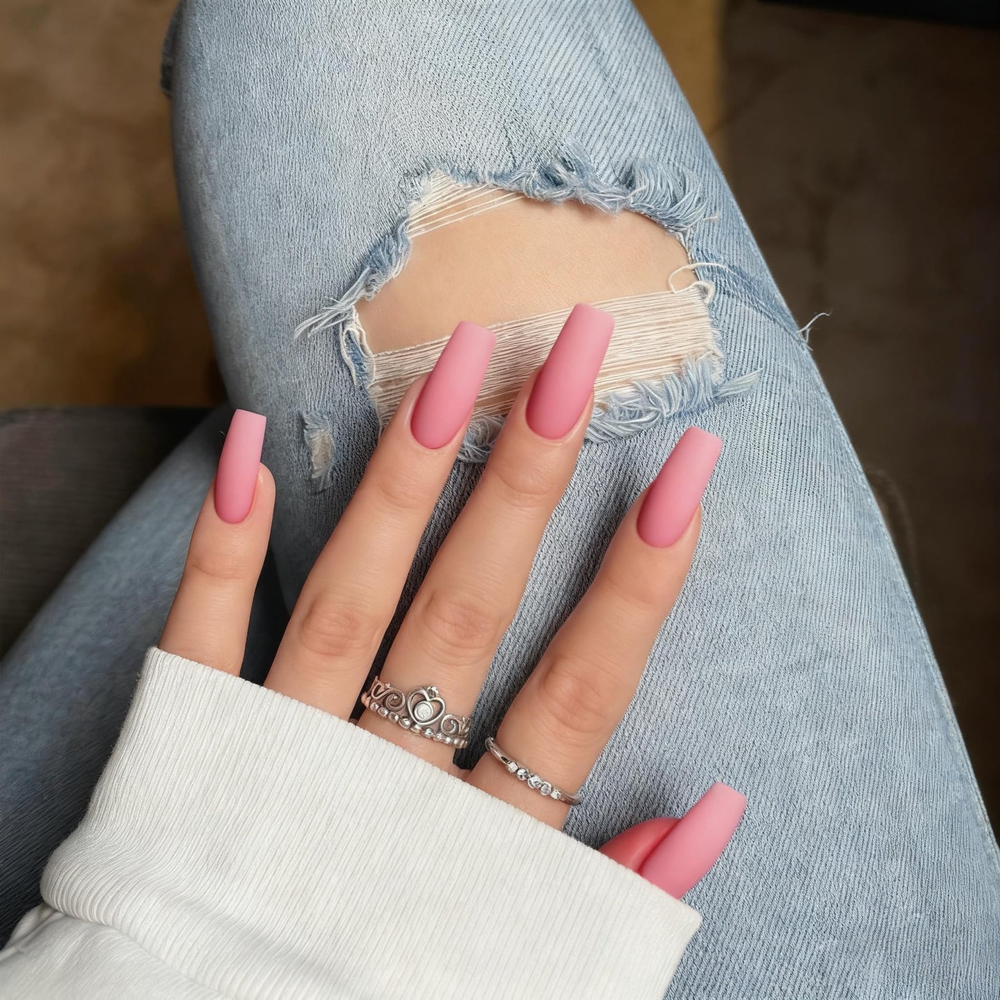 Matte Pink Press On Nails Medium Long Square, Xcreando Medium Coffin Nails Acrylic Press ons Glue on Nails, Solid Color Fake Nail for Women, Natural Thick Artificial Stick on