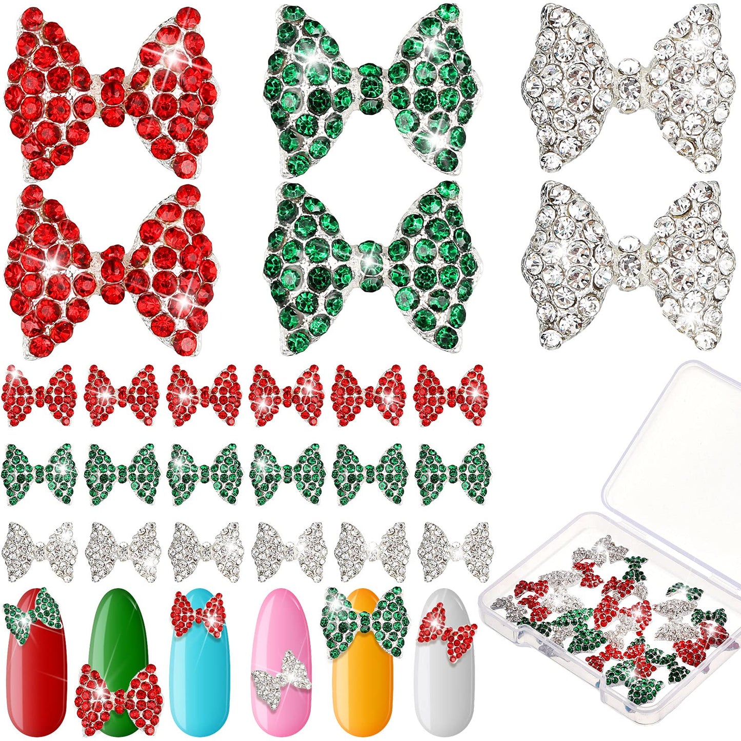 Maitys 24 Pieces Nail Bows Charms Rhinestones 3D Charms Alloy Pearl Bow Knot Accessory for Valentine's Day Women DIY Xmas Salon Jewelry Craft(Red, Green, Silver)