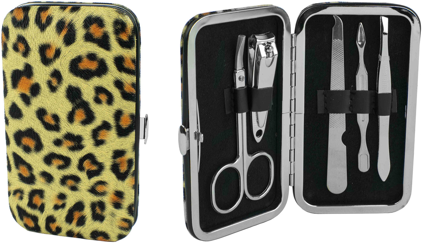 5-Piece Manicure Grooming Kit Set in Leopard Print Travel Case (Clipper, Scissor, Double-Sided Push Stick, Nail File, Tweezers)