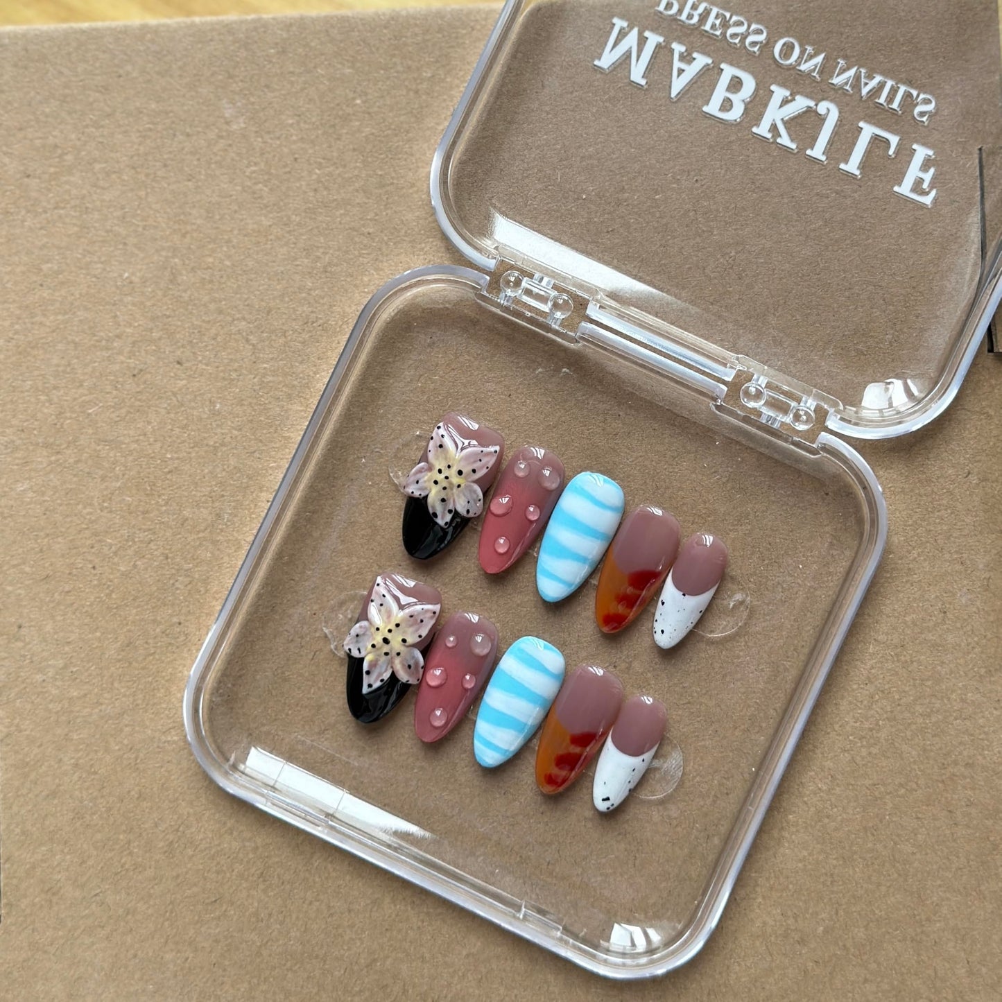 Luxury Press on Nails Medium Almond Handmade 3D Unique Reusable ABS Material Fake Nails French Tip False Nails with Designs Flower Water Drop Art Petal Glossy Glue on Thick Acrylic Nails(S)