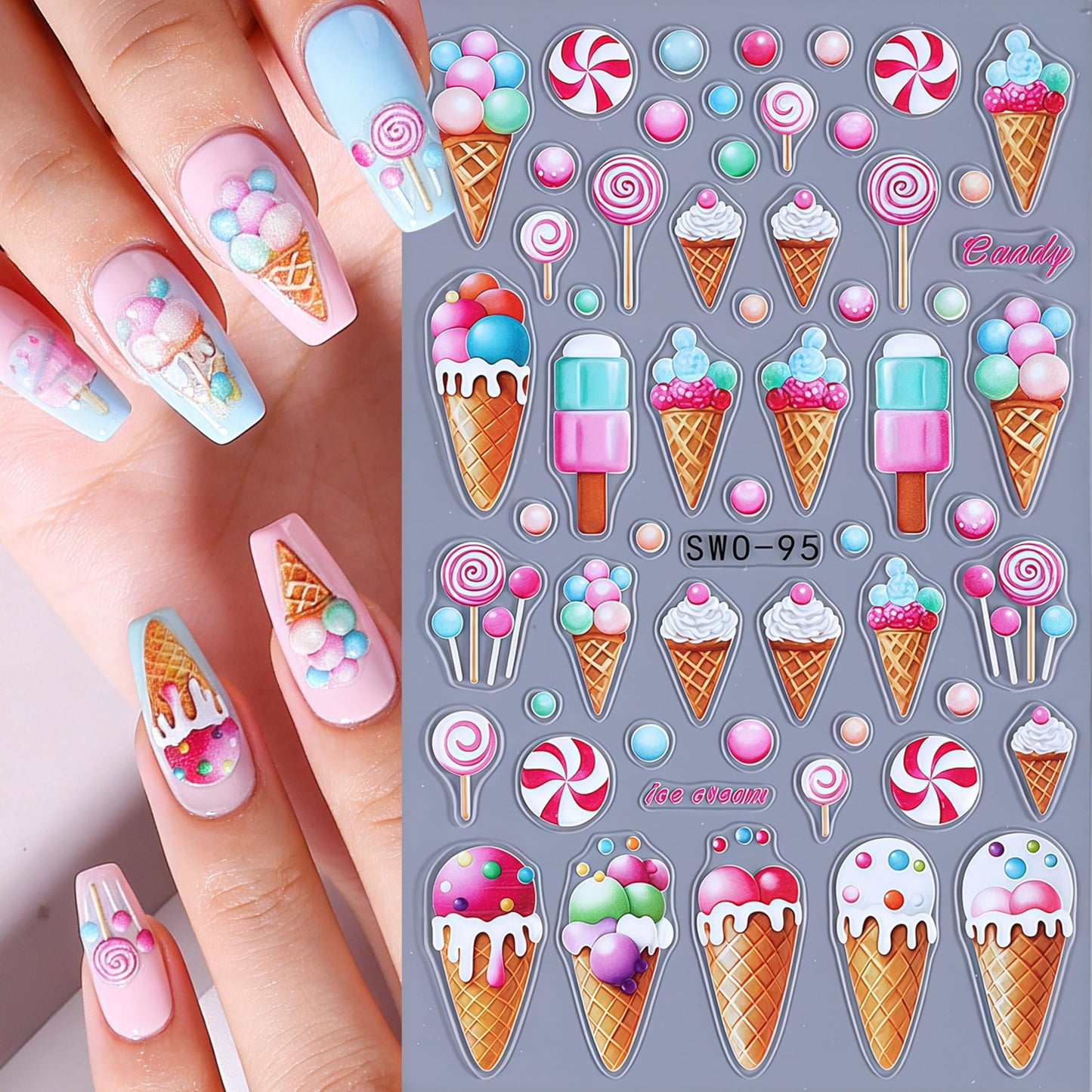 4 Sheets Flower Bee Stickers for Nail Art Spring Summer Floral Nail Art Stickers 5D Embossed Self-Adhesive Nail Decals Green Leaf Cherry Fruit Pattern Nail Design Candy Ice Cream Nails Decor for Women
