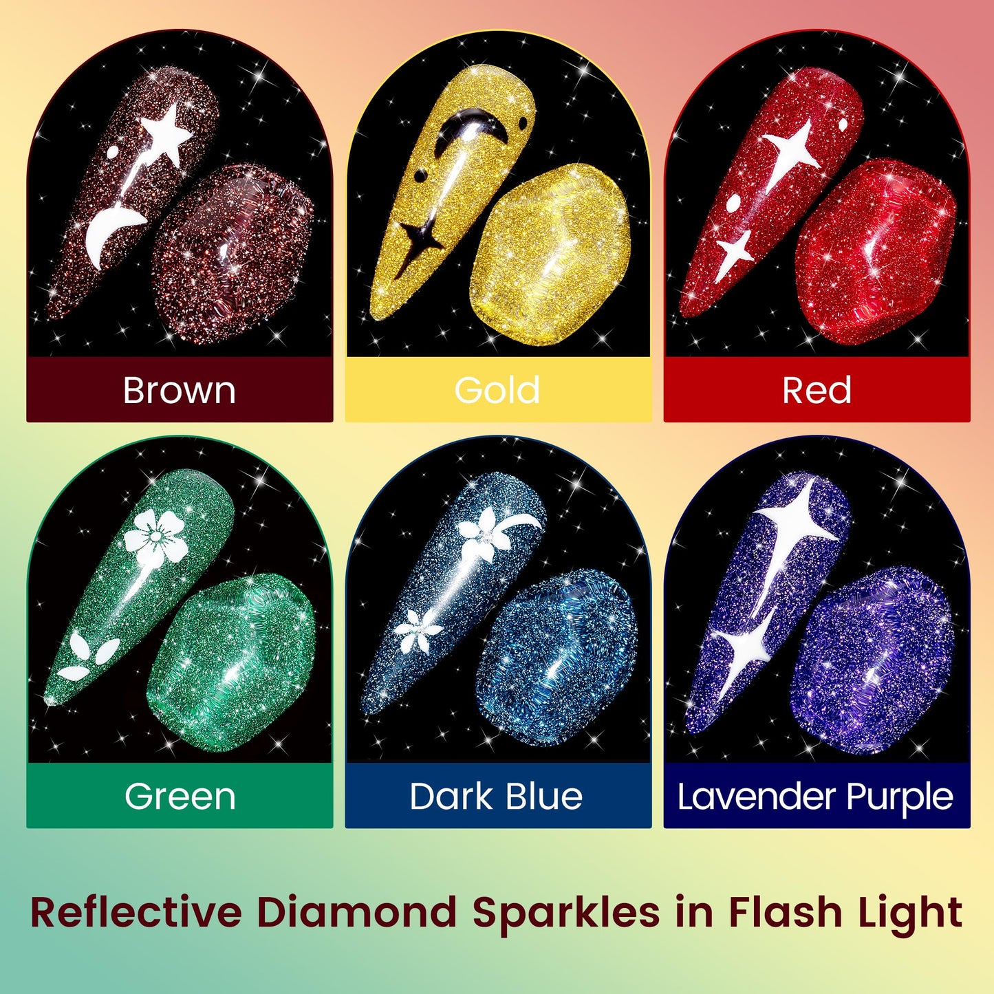 YTD Likomey Reflective Glitter Gel Nail Polish Set,Flash 6 Colors with Base and Top Coat Kit,Summer Brown Gold Red Green Purple Diamond Sparkle Manicure UV Color Nail Varnish,8 Pcs 7.5 ml