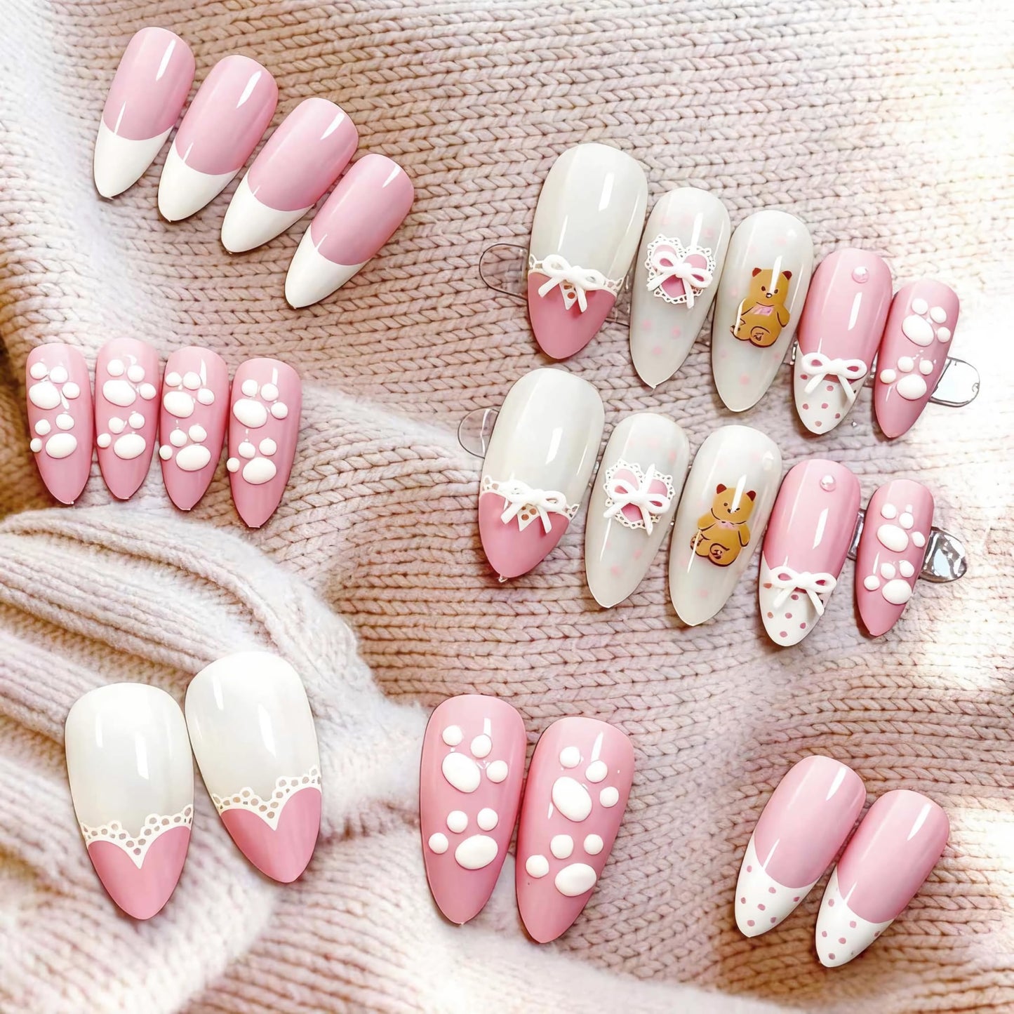 BABALAL Kawaii Bear Press On Nails, Almond Fake Nails with 3D Bow & Paw Print, Pink French Acrylic Full Cover Stick On Nails for Women 24Pcs