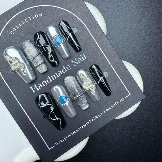 100% 5D Handmade Press on Nails with Snake Charms Medium Coffin Nails Press ons Balck Silver False Nails Cruve Line Press on Nails Fall Fake Nails for Women Girls Daily Wear DIY Manicure Size M