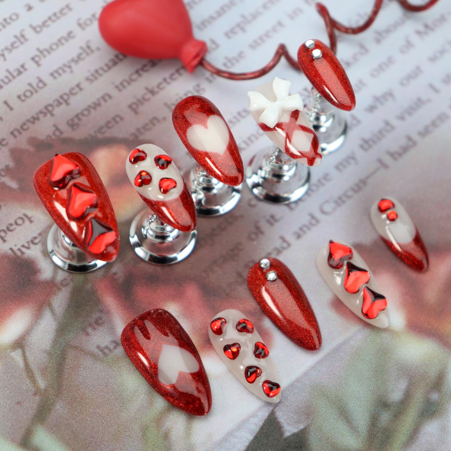 Almond Press on Nails Handmade Medium Long/Stiletto 3D Flower Fake Nail with Designs, Women Reusable False Nails (Glitter Red, S)