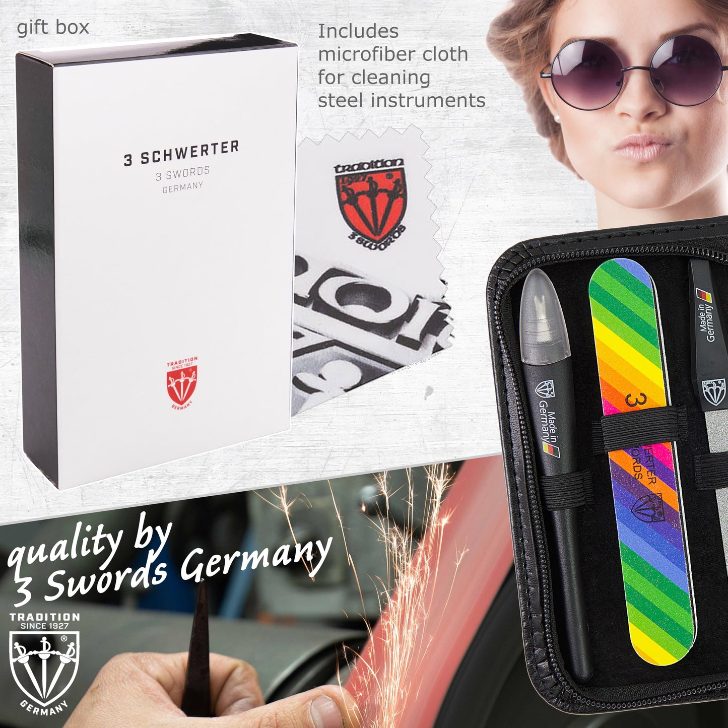 3 Swords Germany - Brand Quality 7-Piece Manicure kit with Rainbow Nail Buffer and Many More Tools in Black Artificial Leather case