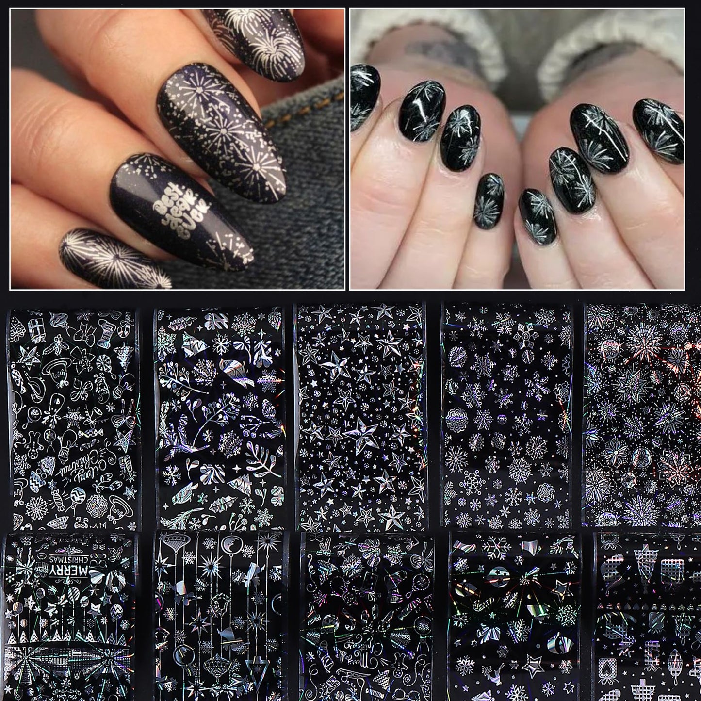 Christmas Holographic Nail Foil Stickers 50 Sheets Winter New Year Nail Art Foils with Xmas Tree Snowflakes Snowman Star Fireworks Transfer Foil for Nails Decoration Manicure Accessory for Women
