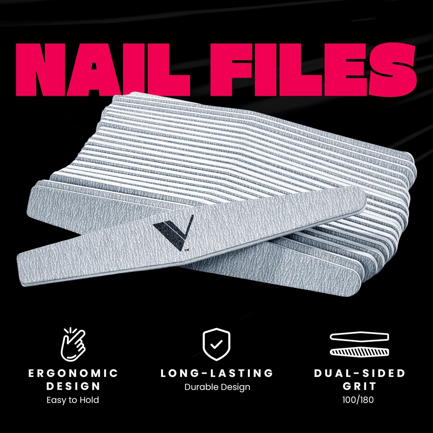 V Beauty Pure Zebra Nail File for Natural Nails 100/180 Grit - Fingernail Files for Shaping, Contouring & Finish Filing Gel & Acrylic Nail Edges - Nail Filer Shaper for Pedicure & Manicure, 50 pcs