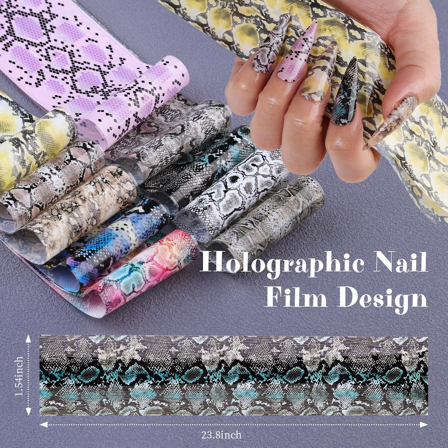 Snake Nail Foil Transfer Stickers, 10PCS Python Skin Holographic Foils, Starry Sky Laser Nail Art Decals & Adhesive Transfer Paper for Acrylic Gel Nails, Manicure Supplies and Nail Decorations