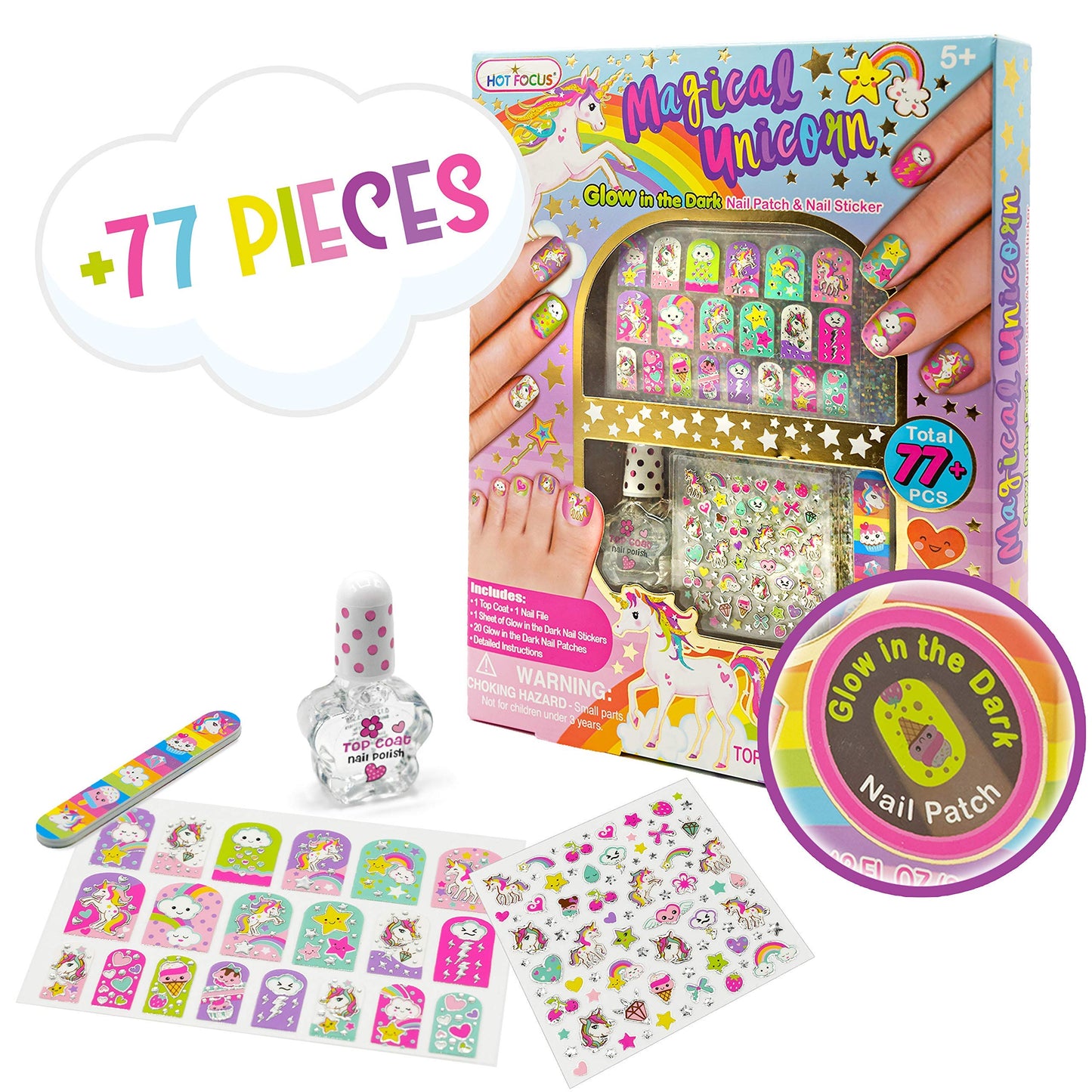 Hot Focus Unicorn Nail Art Glow in the Dark Kit 77 Pieces - Nail Stickers Unicorn and Rainbow Set, Nail Patches, Nail Polish and Nail File - Non-Toxic Water Based Polish
