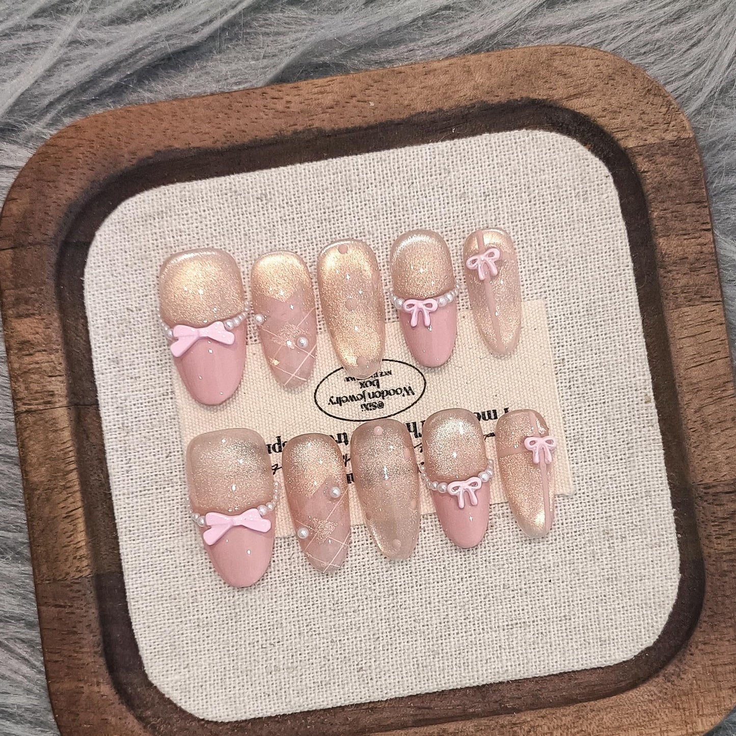 TENPAL Cute Sweet Handmade Press on Nails Almond,Ballet Butterfly Cat Eye Nude Pink Ombre French Tips Fake Nails with Tools, Reusable Spring Polka Dot Bow Pearl False Nails for Women 10pcs(L)