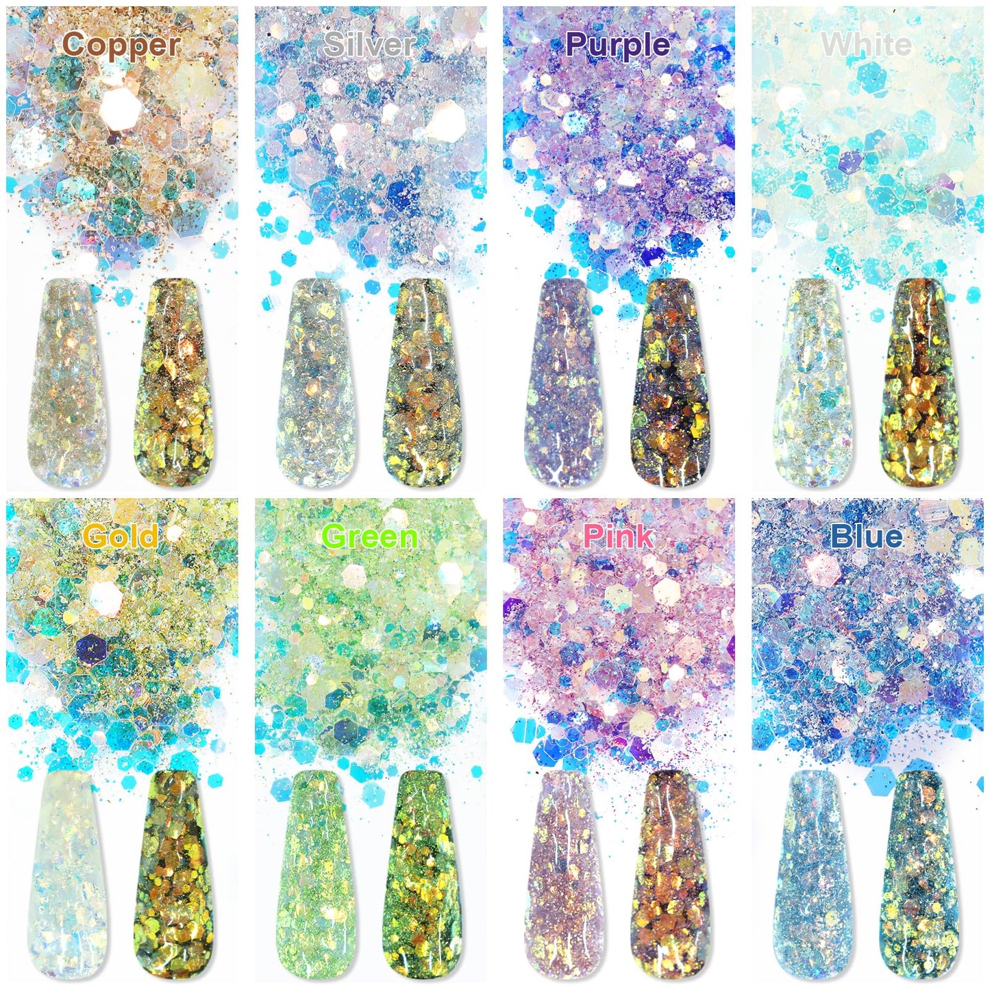 Laza 8 Colors Nail Art Glitter Diamond Dust Iridescent Nail Powder Chunky Glitter Confetti Foil Flakes Sequins for Nail Art Supplies, Gel Polish, Mermaid Makeup, Body, Resin — Glittering Iridescence