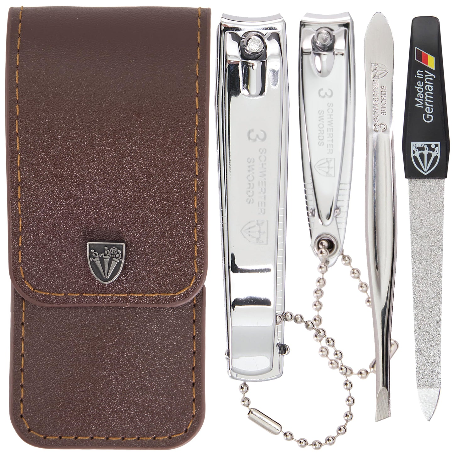 3 Swords Germany - Brand Quality 4 piece Manicure Pedicure Grooming kit Set for Professional Finger & Toe Nail Care Tweezers File Clipper Brown Synthetic Leather case - Made by 3 Swords