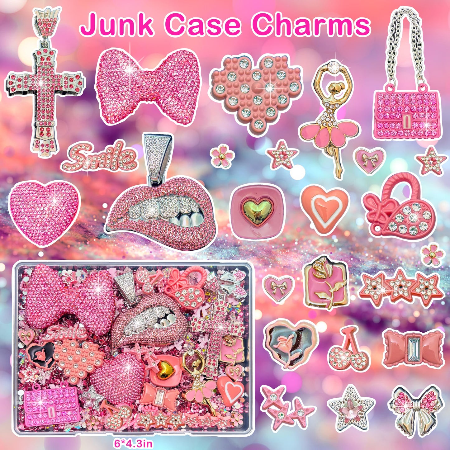 Junk Case Charms Kit, Pink Junks Phones Cases 3D Rhinestone Cool teeth and lips And Bows Chain Bags Hearts And Cross Flowers And Other Bedazzling Kits Can Be Used In DIY Phone Case Designs