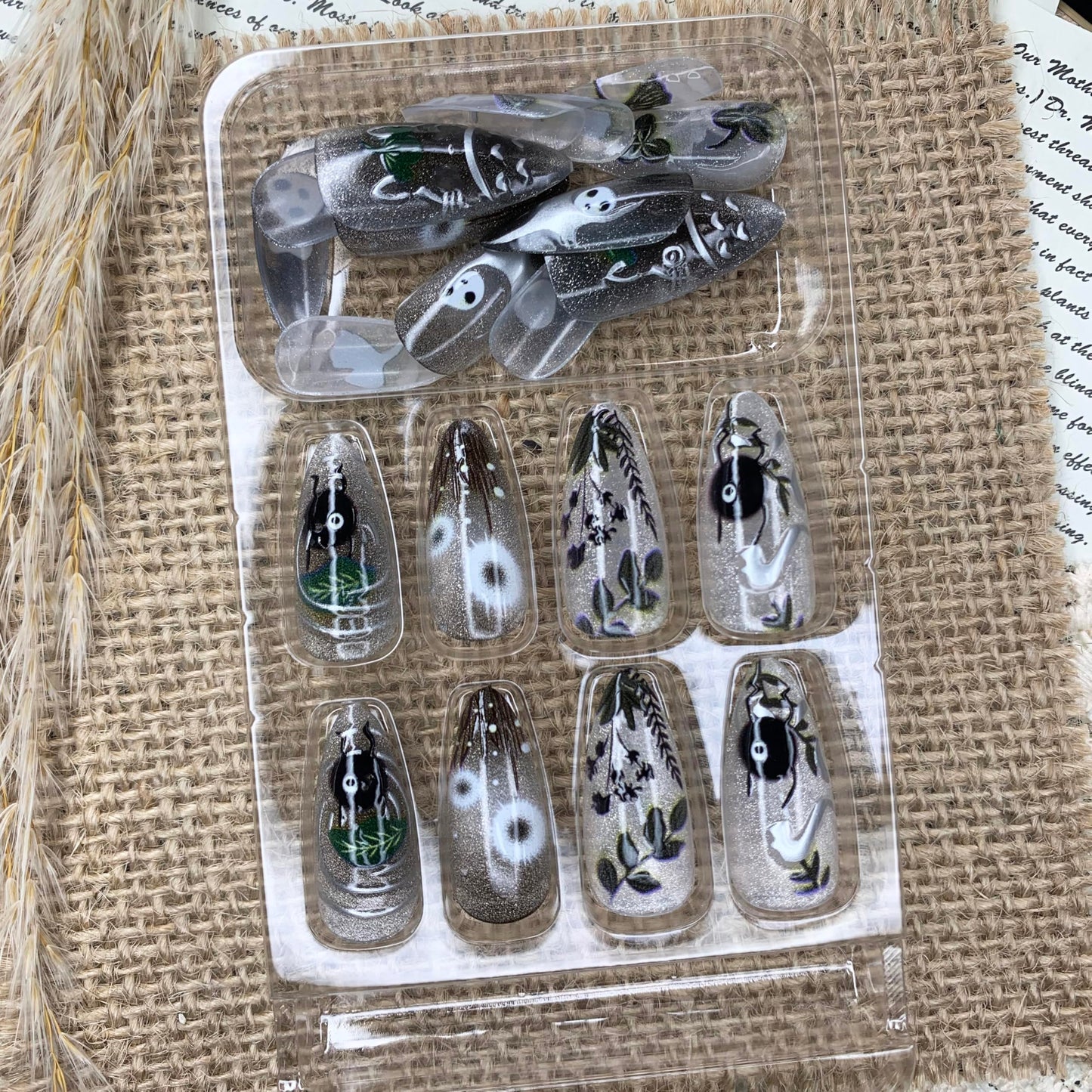 BABALAL Press on Nails Medium Almond Fake Nails Black Gothic Glue on Ghost Decvil Punk 24Pcs Stiletto Acrylic Nails Anime Nails for Women Girls Halloween Supplies