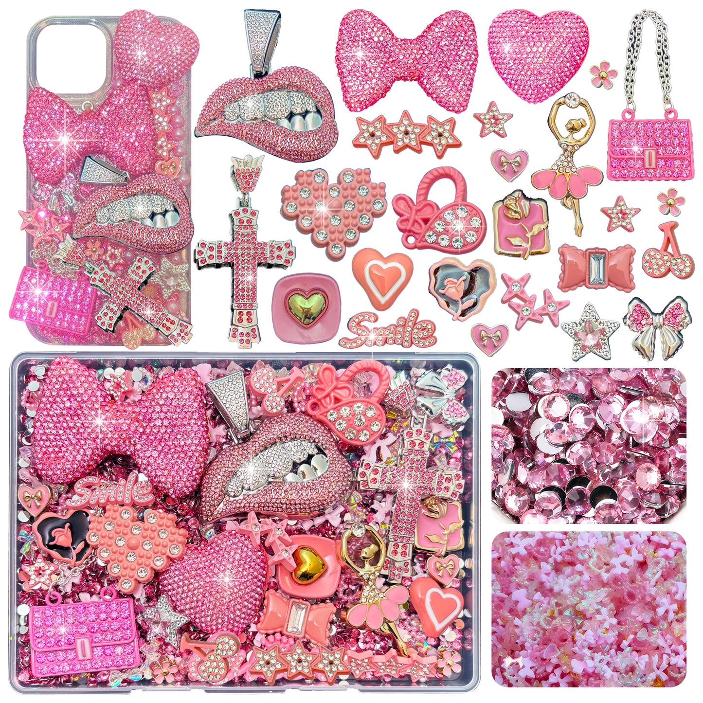 Junk Case Charms Kit, Pink Junks Phones Cases 3D Rhinestone Cool teeth and lips And Bows Chain Bags Hearts And Cross Flowers And Other Bedazzling Kits Can Be Used In DIY Phone Case Designs